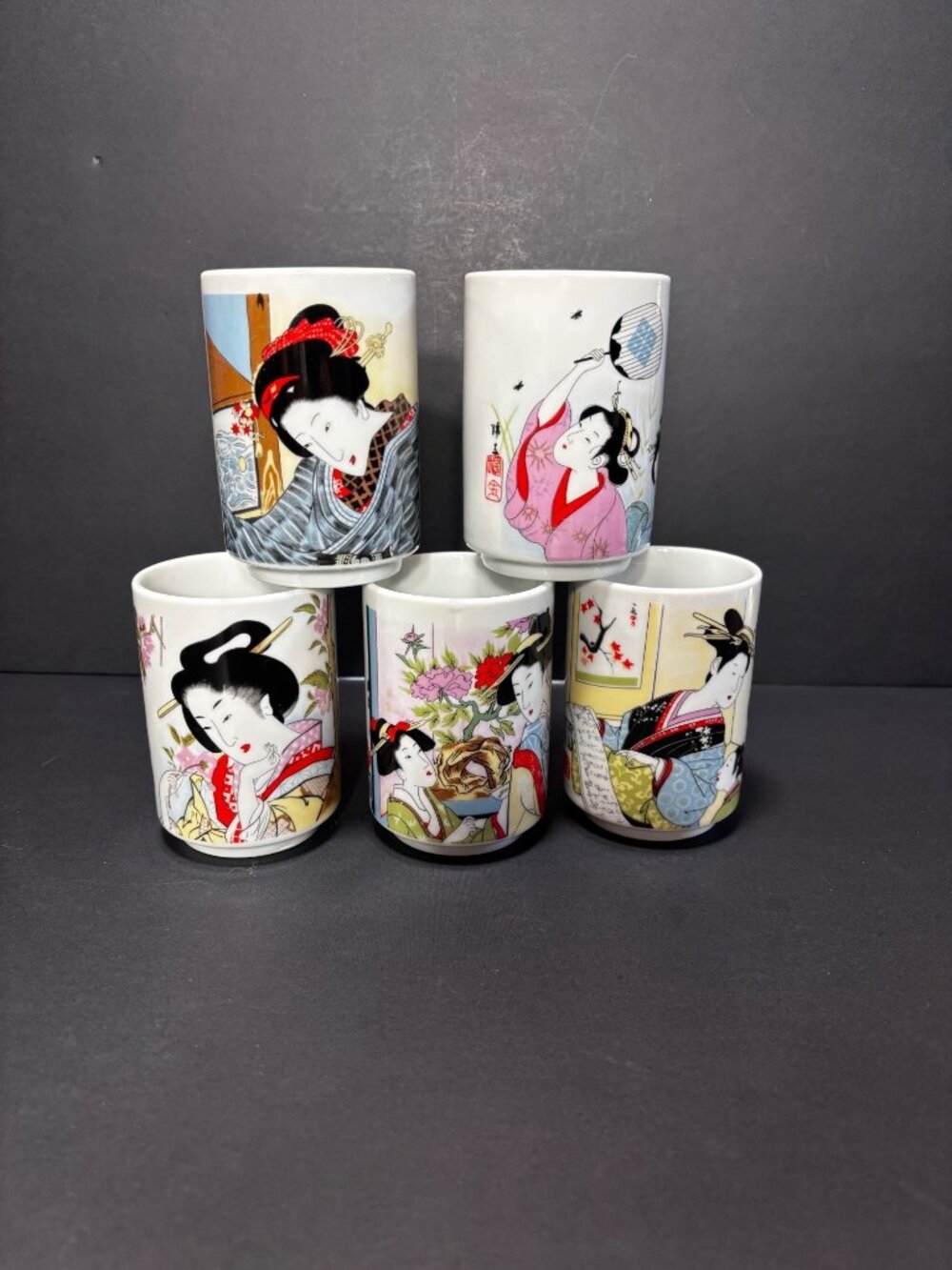 Japanese Geisha Girl Porcelain Tea Sake Cups Made In Japan Set Of 5 Vintage 70s